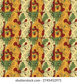 Retro-inspired seamless floral pattern with stylized flowers and leaves in warm tones. Ideal for fabric prints, packaging, and surface decoration.