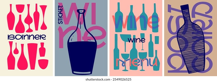 A retro-inspired set of minimalist wine posters with bold graphic elements, vibrant colors, and creative typography, ideal for menus, banners, and tasting events.