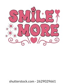 Retro-Inspired "Smile More" Typography Design with Hearts, Stars, and Swirls – Pink Positive Quote Illustration.