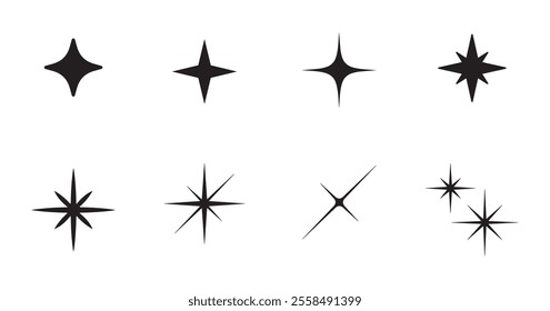 Retro-inspired sparkle icons featuring unique star shapes and a futuristic shine, perfect for posters, logos, and business cards.