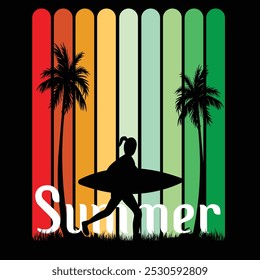 A retro-inspired summer design featuring a surfer silhouette against vibrant vertical gradient stripes, palm trees, and "Summer" text.