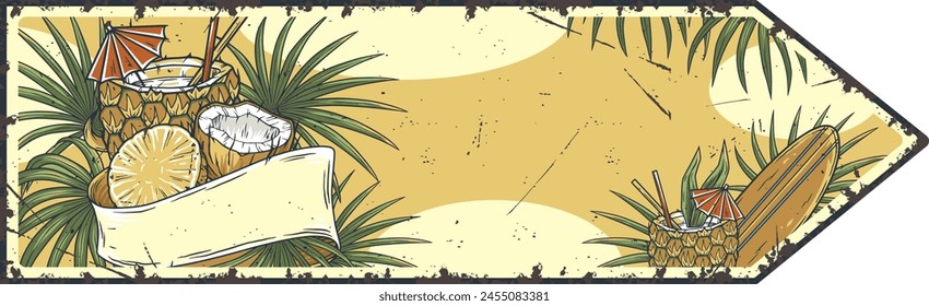 Cartaz de surf retro-inspirado com ilustrações de abacaxis, cocos e fatias de citros contra um fundo de praia desbotado, perfeito para férias tropicais e publicidade tema de surf. Espaço de texto.