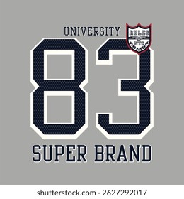 "Retro-inspired varsity graphic design with bold athletic typography, classic numbers, and vintage college crest elements