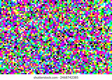 Retro-inspired vector bold, neon colorful pixelated backdrop. An old computer or tv screen, or video game. The distressed texture of vintage technology or gaming culture