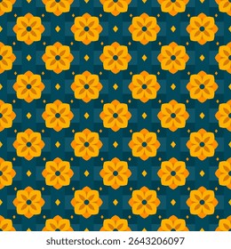 Um padrão vetorial retrorinspirado de flores tailandesas arrojadas dispostas em simetria perfeita. O fundo verde-escuro rico destaca as flores amarelas vibrantes. Ótimo para papel de embrulho, papéis de parede e a digital