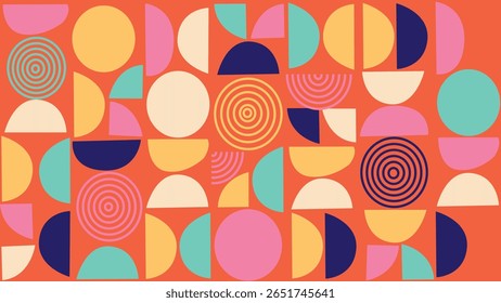 Retro-inspired vibrant geometric composition with half circles, spirals, and bold blocks of color on orange-red canvas. Playful and artistic visual arrangement for creative uses.