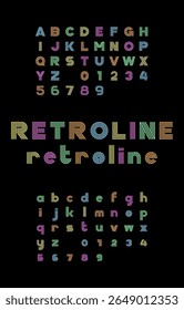 RetroLine Neon Display Font with Multicolor Geometric Alphabet and Numbers on a Solid Black Background