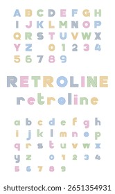 Exemplo de fonte Pastel RetroLine mostrando algarismos e alfabeto listrados claros sobre um fundo branco brilhante

