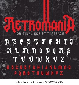 "Retromania" original script typeface. Art deco retro font set on black grunge background with geometric elements.