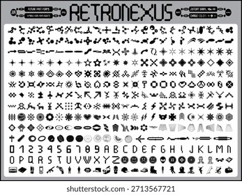 RetroNexus, Y2K style vector abstract graphics set with fonts, numbers, objects, icons and symbols. Change color and perspective. More than 300 shapes included