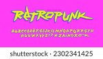Retropunk - trendy vintage type font in 90s style with cyberpunk style alphabet concept. Retro Futuristic Cyberpunk lettering set in yellow and blue design. Pop Culture 90s font. Vintage type font
