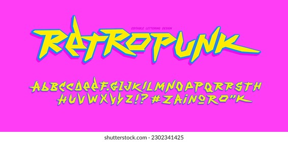 Retropunk - trendy vintage type font in 90s style with cyberpunk style alphabet concept. Retro Futuristic Cyberpunk lettering set in yellow and blue design. Pop Culture 90s font. Vintage type font