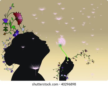 retro,silhouette,blowing at a dandelion and the seeds swirling around