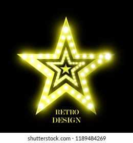 
Retro-star. Bright five-pointed star. Golden Star. Star with flashlights. Bright lanterns. Beautiful light.