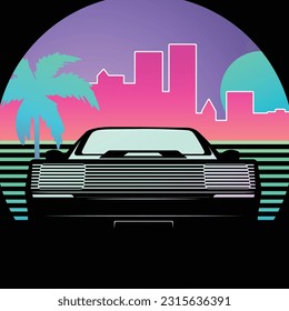 Retro-style 1980's illustration of a sports car, vibrant pink 80's style city skyline in background.