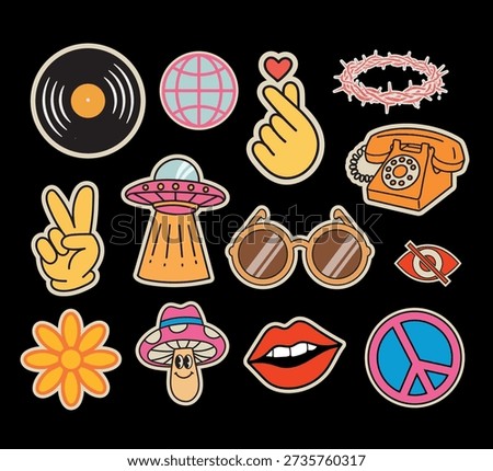 Retro-style aesthetic stickers featuring various colorful pop culture icons. Cool trendy retro sticker collection pack.