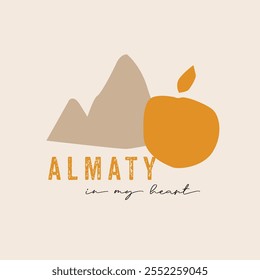 Retro-style Almaty city logotype in a warm steppe palette featuring mountain and apple silhouette symbols.