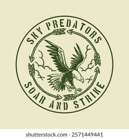 Retro-style badge featuring a bold eagle soaring through the sky with circular text design elements, perfect for outdoor adventure branding, hunting clubs, and wildlife merchandise.