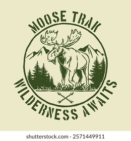 Retro-style badge featuring a moose within a circular emblem surrounded by a wilderness backdrop, ideal for hunting club logos, outdoor merchandise, and adventure branding.