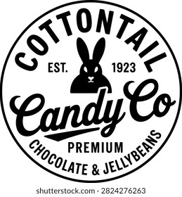 A retro-style badge logo featuring a rabbit silhouette, classic typography, and text for a premium candy and chocolate company. This vintage design is ideal for confectionery branding, labels, packaging, and sweet shop identity.