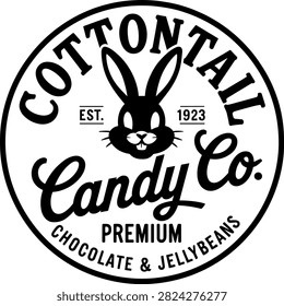 A retro-style badge logo featuring a rabbit silhouette, classic typography, and text for a premium candy and chocolate company. This vintage design is ideal for confectionery branding, labels, packaging, and sweet shop identity.
