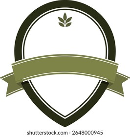 Retro-style badge template with olive green ribbon and small leaf icon, teardrop shape, flat design without background