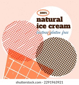 Retro-style banner, card design, advertising flyer template. 3 various scoops of Vanilla, chocolate, and strawberry taste ice cream in a waffle cone. Vector illustration with mid-century vibes.