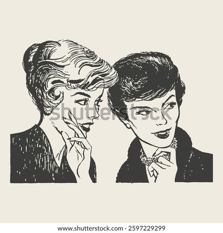 A retro-style black and white illustration of two elegant women in conversation, one whispering to the other.