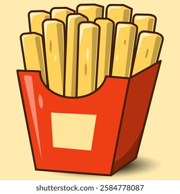 Retro-style bold illustration of french fries in a red carton. Golden, crispy fries with highlights and shadows add depth. Perfect for food designs, menus, branding, and fast-food-themed artwork.