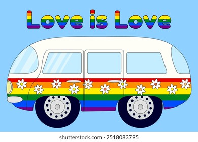 Retro-style bus with a rainbow flag and flowers, symbolizing LGBT pride and celebration of diversity and love.