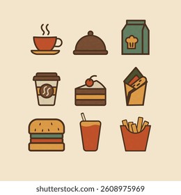 Retro-style cafe icon set featuring coffee, burger, fries, cake, juice, sandwich wrap, takeaway cup, cloche, and food bag. Flat vector design with warm vintage colors and bold outlines.