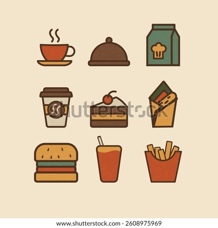 Retro-style cafe icon set featuring coffee, burger, fries, cake, juice, sandwich wrap, takeaway cup, cloche, and food bag. Flat vector design with warm vintage colors and bold outlines.