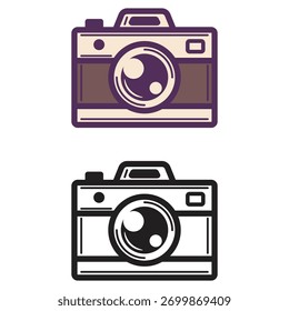 Retro-Style Camera Icon Vector Illustration - Vintage Design Outline and Colored Version