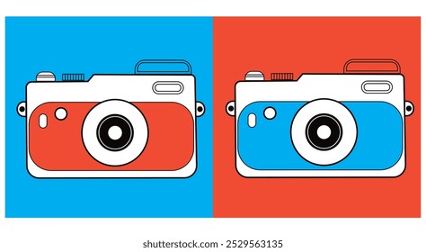 Retro-style cameras in blue and red colors, illustrated symmetrically. This graphic vector pop art design features colorful, vintage photography equipment in a creative style.