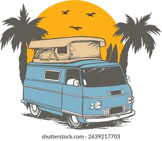 Retro-style camper van parked under palm trees with a beautiful sunset and flying birds in the background. Perfect for summer adventure themes, road trip concepts, and travel merchandise.
