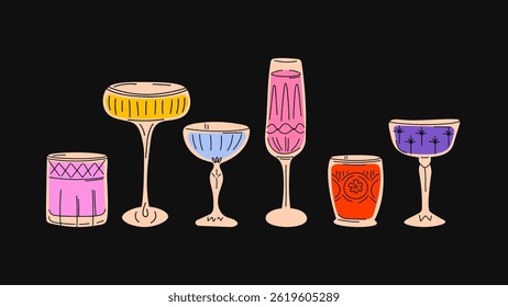 Retro-style cartoon cocktails — vibrant summer drinks in jars, glasses, vessels, goblets, flutes, tumblers, and playful cups