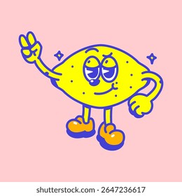 A retro-style cartoon illustration of a cute lemon character posing with a peace sign. Perfect for sticker designs, kids’ products, and playful branding elements.
