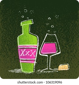 Retro-style cartoon illustration of a green bottle of wine sitting next to a half-full glass of wine. Vector illustration looks like a pastel drawing.