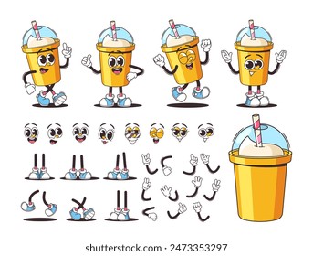 Retro-style Cartoon Set With Animated Dairy Product Character. Plastic Milkshake Cup With Various Emotions, Legs, Arms