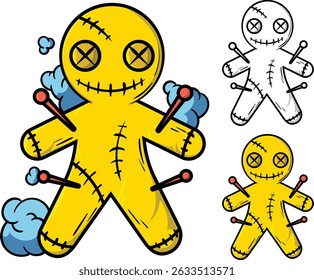 A retro-style cartoon straw doll stitched with needles, perfect for Halloween designs, voodoo themes, or spooky merchandise.