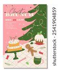 retro-style Christmas brunch invitations. A flat-style invitation card template with a festive table with sweets and a Christmas tree in pink and green colors.