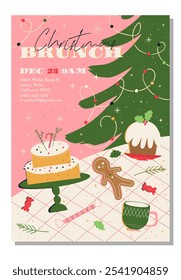 Navidades de estilo retro invitaciones para brunch. Una Plantilla de tarjeta de invitación de estilo plano con una mesa festiva con dulces y un árbol de Navidad en colores rosa y verde.