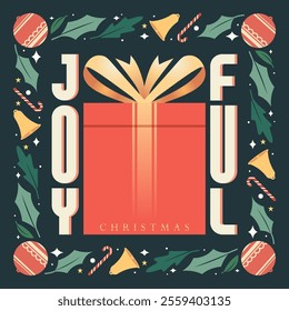 Retro-style Christmas design featuring a big red gift box, bold joyful typography, holly leaves, bells, candy canes, and ornaments. Perfect for Christmas cards, posters, and festive decor.
