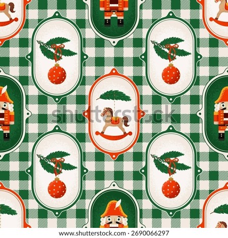 Retro-style Christmas Seamless Pattern with Christmas Decorations in frames. Vector illustration