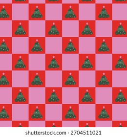 Retro-style Christmas seamless pattern featuring a checkerboard design in pink and red, decorated with small green Christmas trees. Perfect for gift wrapping paper, textile design and backgrounds.
