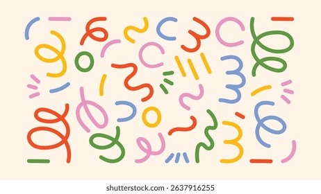 Retro-style collection of sketchy icons- swirls, arrows, rough lines, and messy text frames. Inspired by kindergarten drawings and creative chaos. Great for playful branding and education design