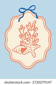 Retro-style composition of coral, starfish and seashell in a wavy sticker frame with blue bow. Marine-themed illustration in red and blue. Suitable for summer cards, labels and journals.