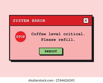 A retro-style computer screen displays a critical error message regarding low coffee levels, prompting a refill request.