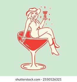 A retro-style cowgirl holding a drink while seated in a large cocktail glass, blending vintage charm and fun.