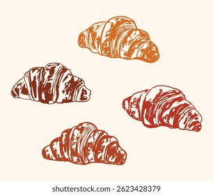 Retro-style croissant illustrations in earthy tones, ideal for bakery logos, café branding, packaging, or menu designs.
